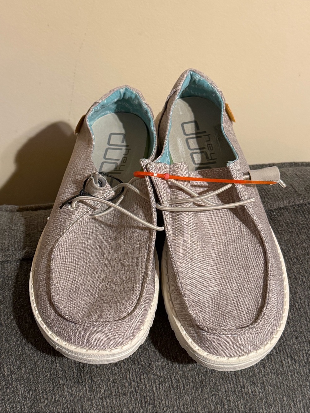 Hey Dude Women's Casual Slip-On Flats in Beige with Aqua Lining